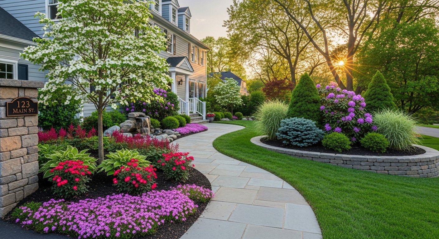 Fresh landscape bed renovation near a home